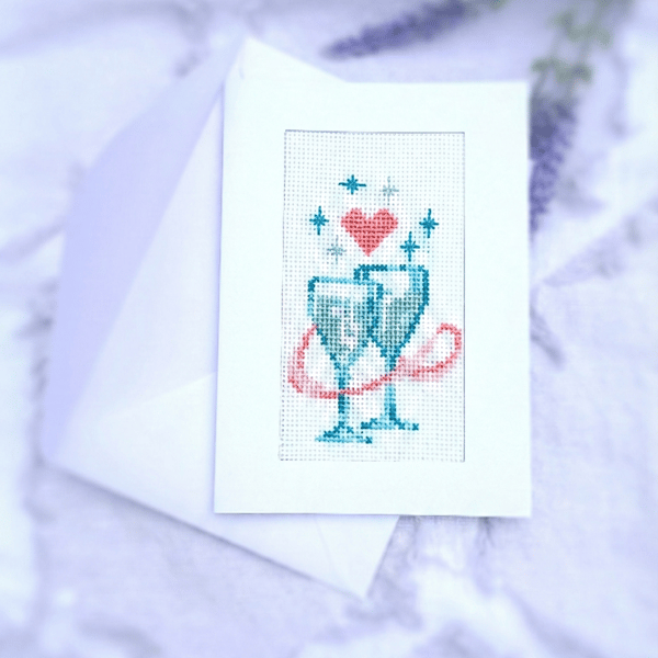 Handmade Cross Stitch Champagne Card — Wedding, Anniversary, Engagement