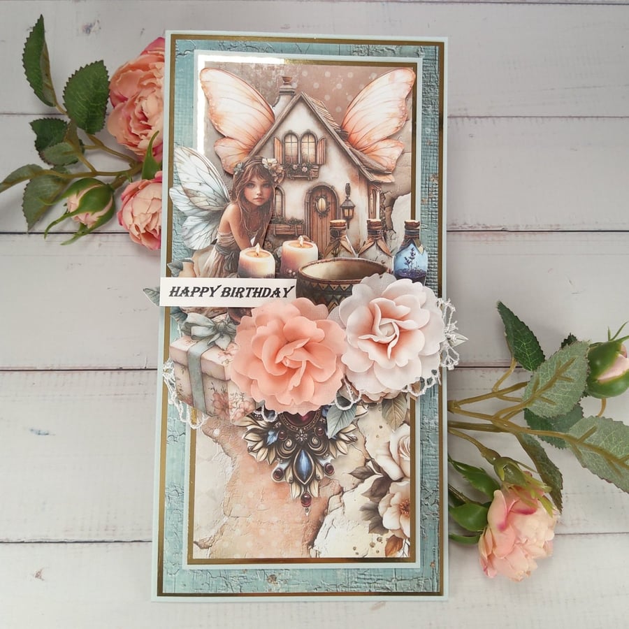 Handmade Fairy Birthday Card (121) Luxury 3D Floral Card in Light Blue & Gold.