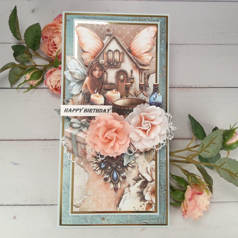 Handmade Fairy Birthday Card (121) Luxury 3D Floral Card in Light Blue & Gold.