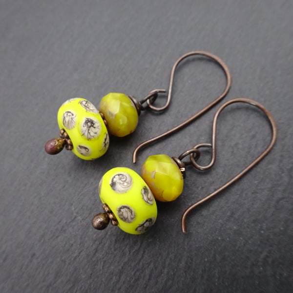 copper and yellow lampwork glass earrings
