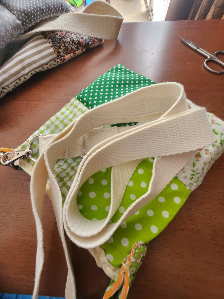 Green patchwork crossbody bag, hand sewn