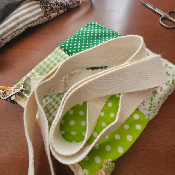Green patchwork crossbody bag, hand sewn