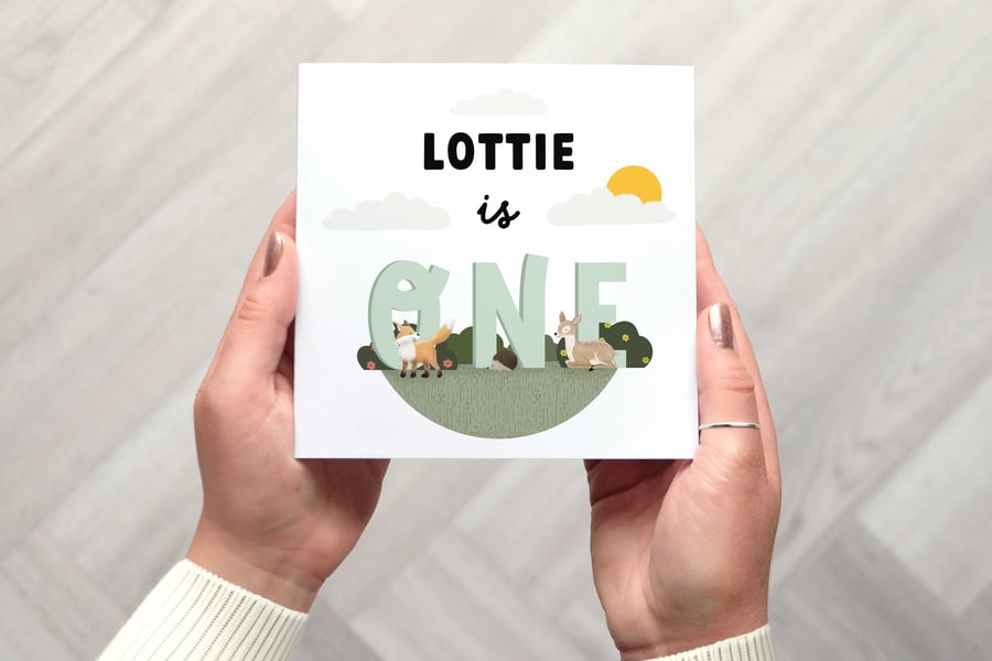 Personalised First Birthday Card With Woodland Themed Animals