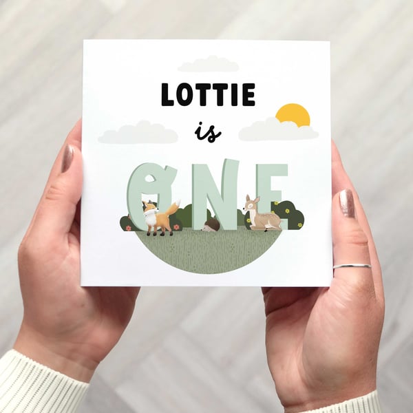 Personalised First Birthday Card With Woodland Themed Animals