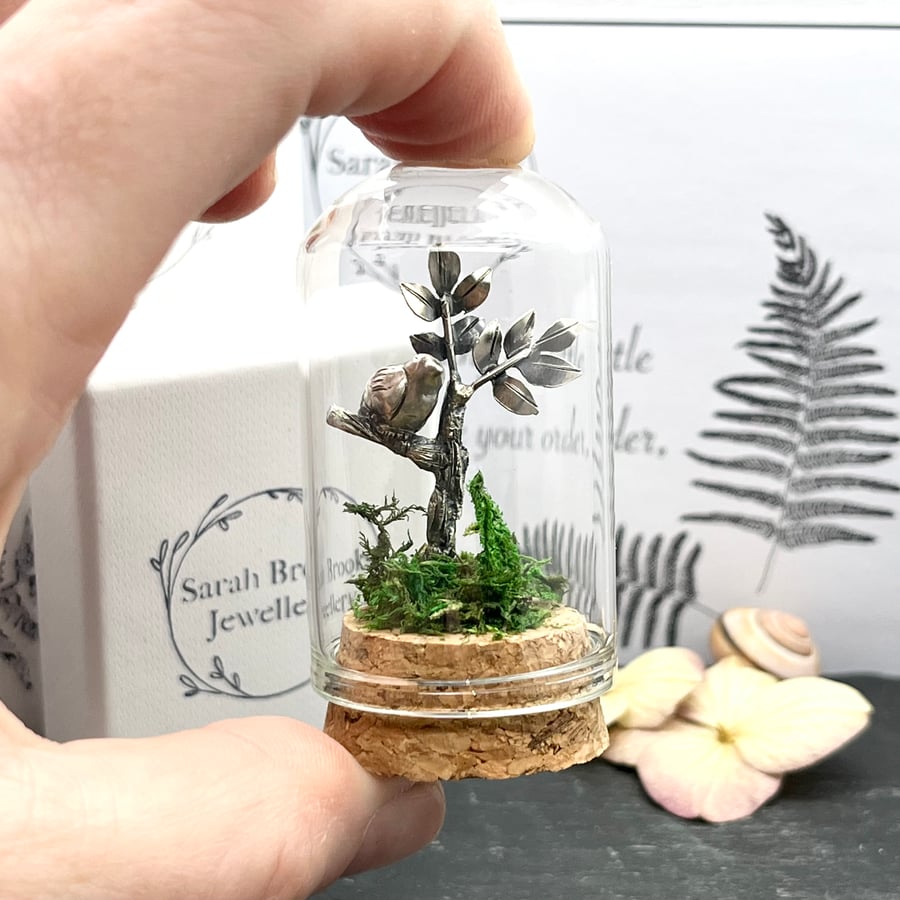 Handmade Sterling Silver Miniature Bird On A Branch Bell Jar