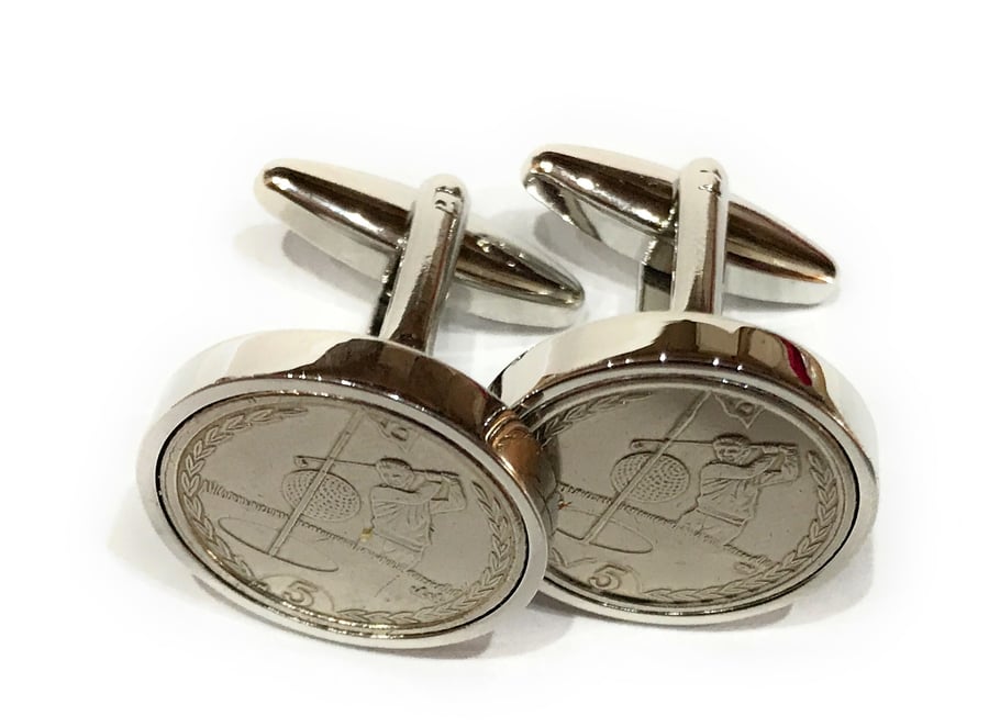 Golf cufflinks in silver plated cufflink backs - Golf ball cufflinks with real c