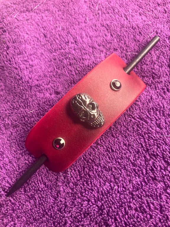 Dyed Red Leather Hair Stick Barrette - Skull centre and 2 Dark Purple Gemstones