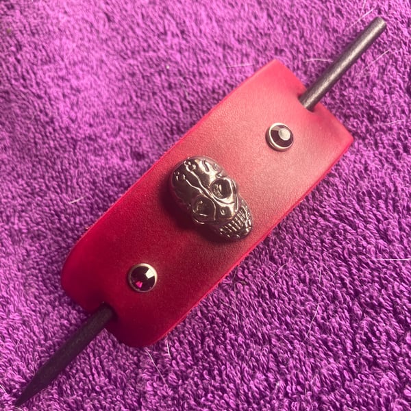 Dyed Red Leather Hair Stick Barrette - Skull centre and 2 Dark Purple Gemstones