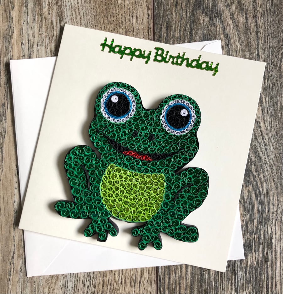 Handmade quilled happy birthday frog card