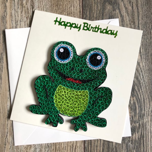 Handmade quilled happy birthday frog card