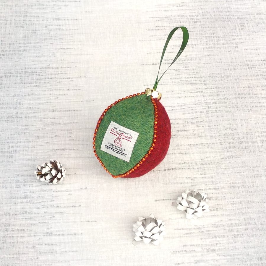 Harris tweed bauble Christmas tree decoration red and green ornament