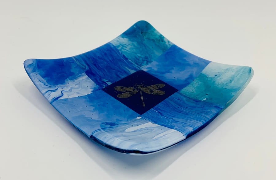 A Beautiful Blue and Turquoise patchwork glass bowl with Dragonfly detail.