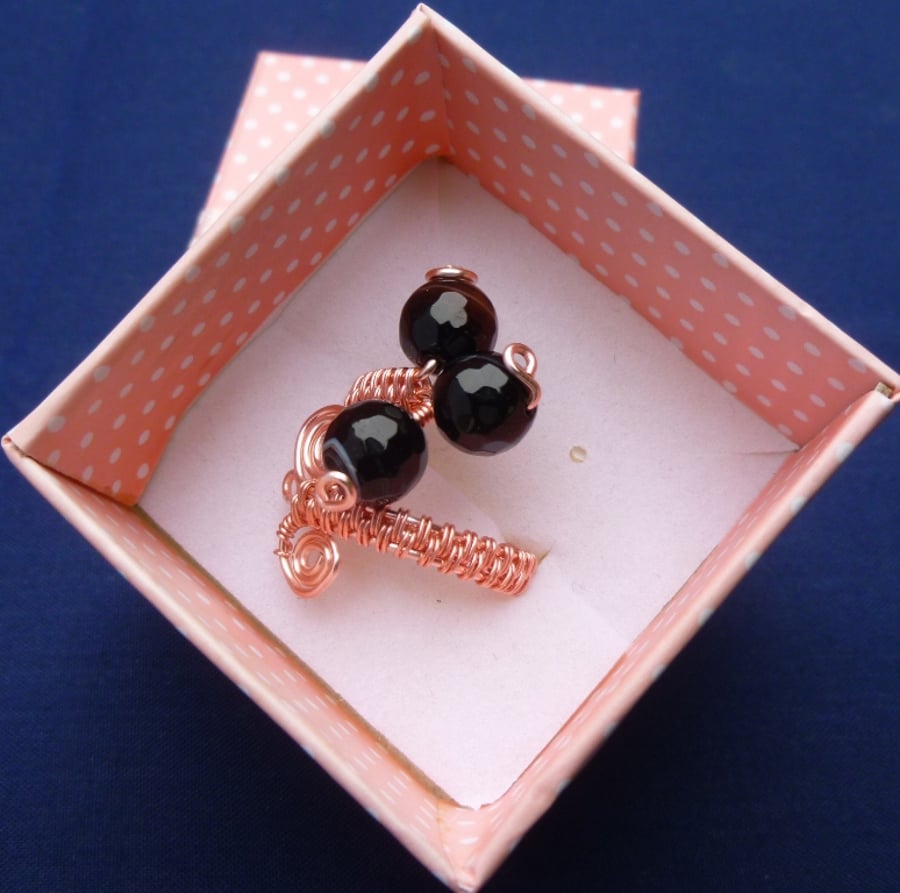 Black Banded Agate Adjustable Wire Wrapped Silver Plated Copper Ring R214