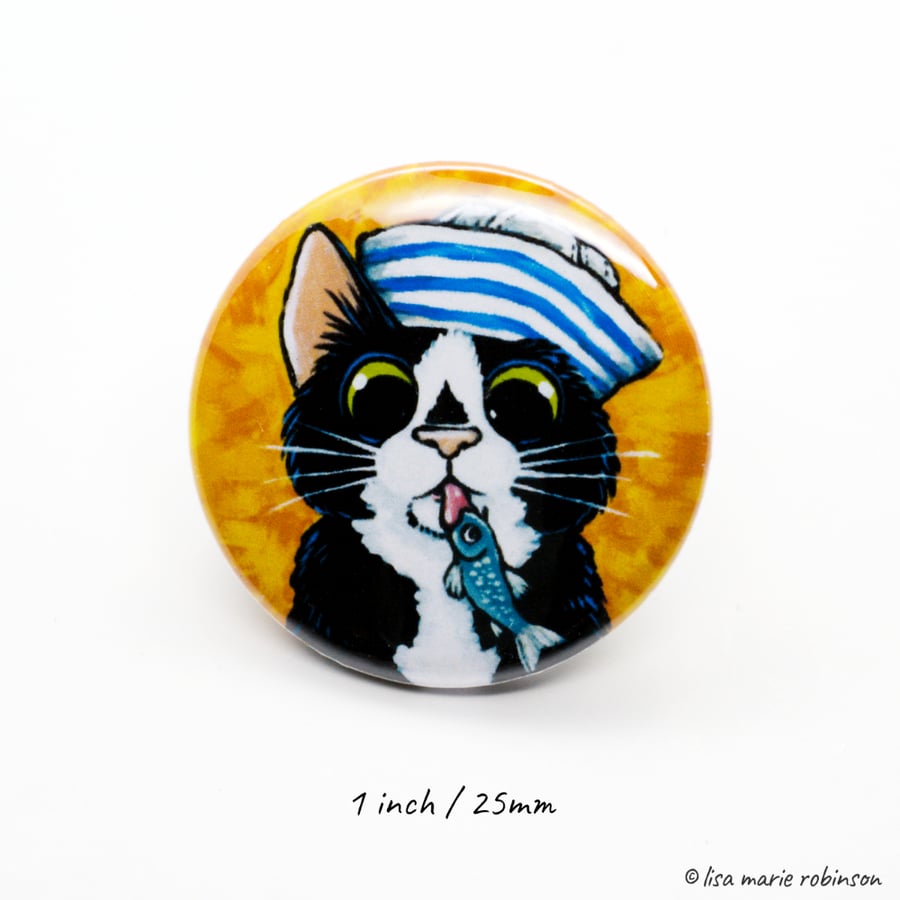 25mm Button Badge - Sailor Cat Nippy Fish (1 inch)