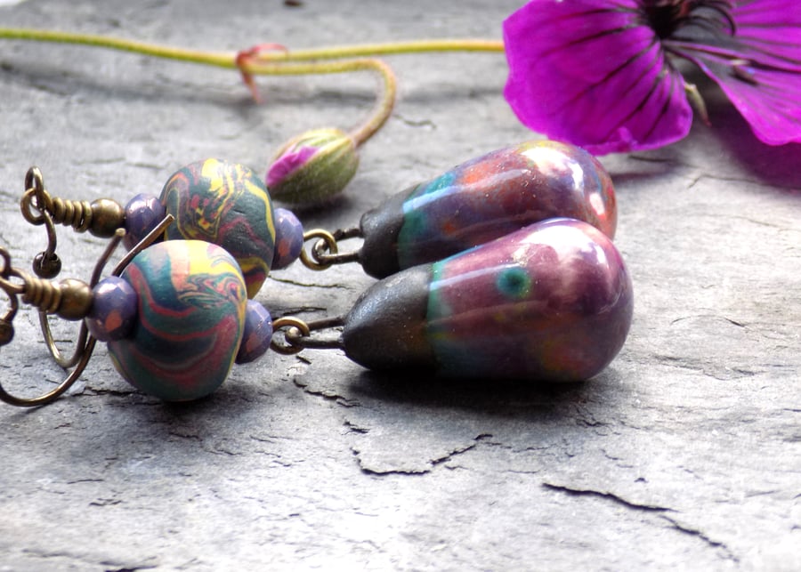 Artisan Purple Multicoloured Ceramic Drop Earrings, Vintage Style Boho Earrings