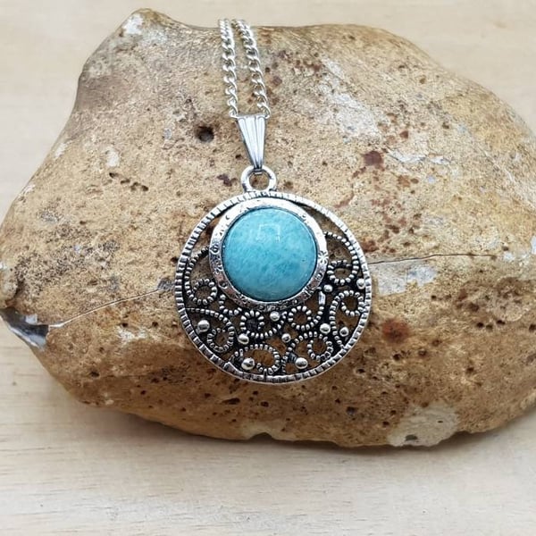 Round Filigree boho Amazonite necklace. Virgo jewelry.