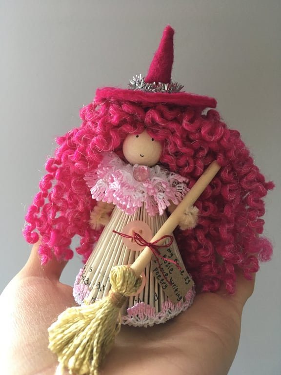 Witch Fairy Doll Decoration - Folded Book Art - Pink