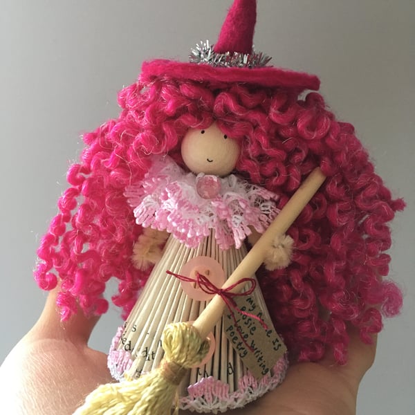Witch Fairy Doll Decoration - Folded Book Art - Pink