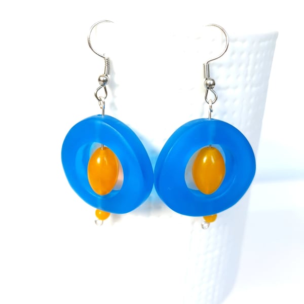 Colourful Boho Upcycled Earrings Acrylic & Vintage Glass Bead Blue & Yellow