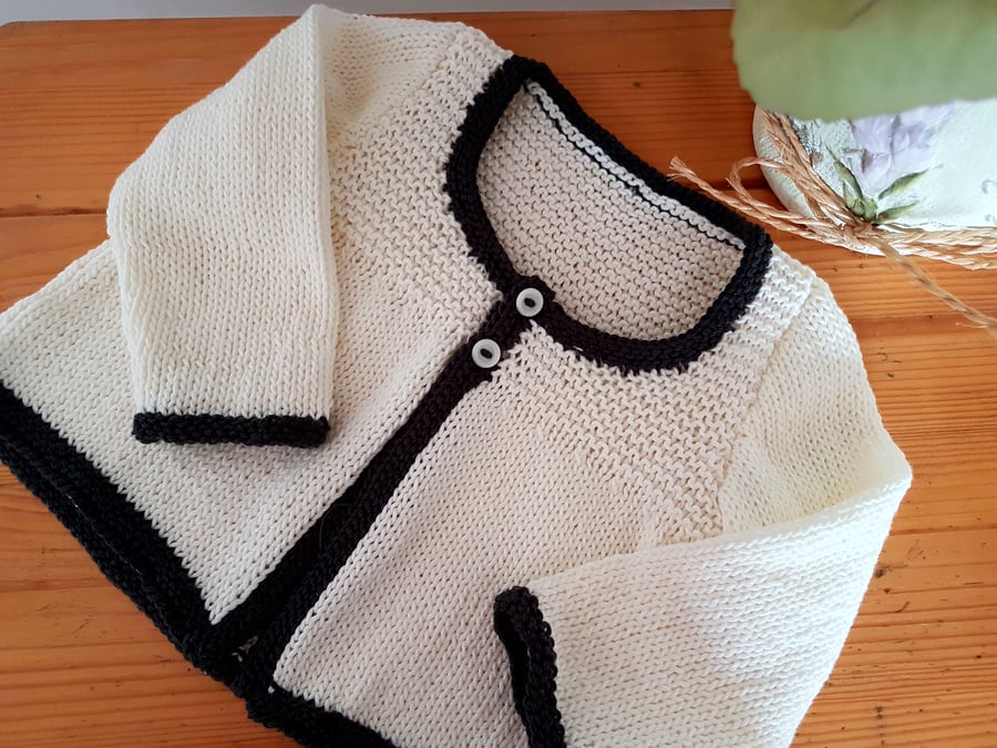 Hand Knitted Cream Cotton Baby Cardigan with Dark Grey Trim 0-6 months