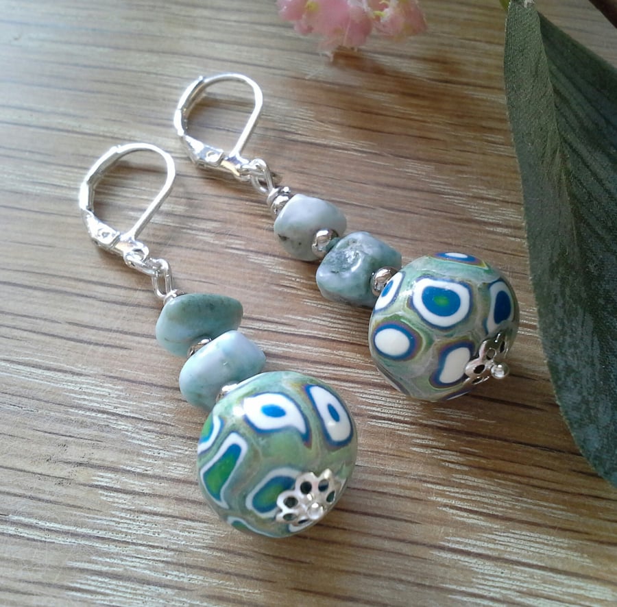 Rare Larimar & Polymer Clay Silver Plated Earrings