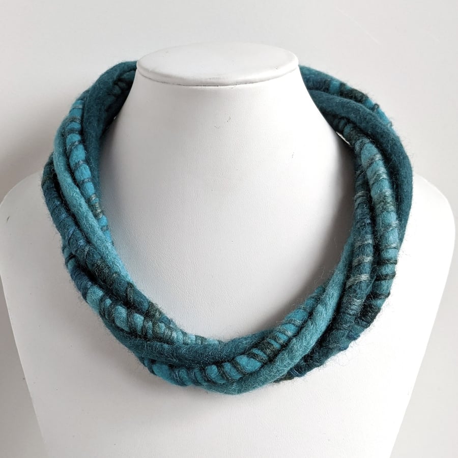 The Wrapped Twist: felted cord necklace in shades of deep teal