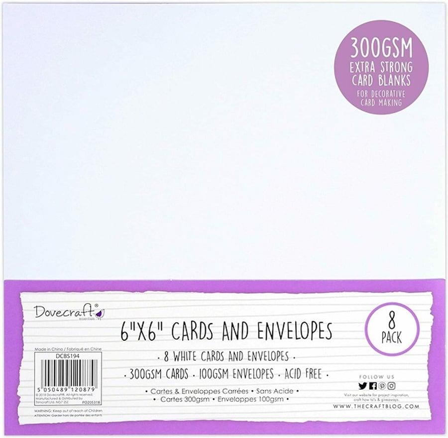 Dovecraft Essentials 6 x 6 White Cards 300gsm and Envelopes 100gsm Pack of 8