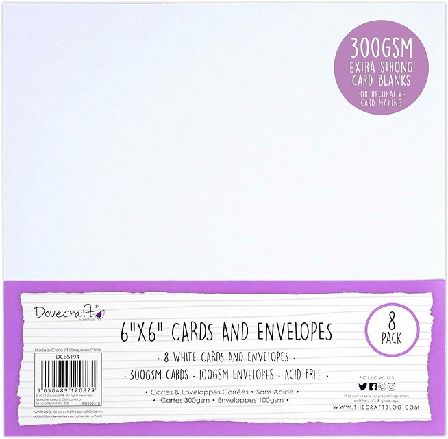 Dovecraft Essentials 6 x 6 White Cards 300gsm and Envelopes 100gsm Pack of 8