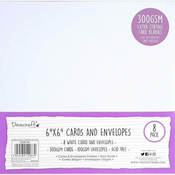Dovecraft Essentials 6 x 6 White Cards 300gsm and Envelopes 100gsm Pack of 8