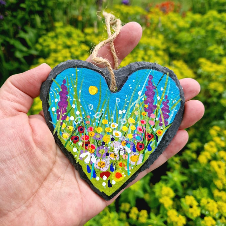 Summer Floral Hand-painted Slate Heart hanger by Jackie Reynolds