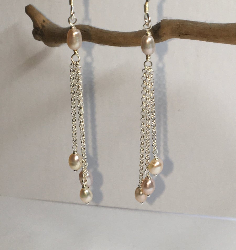 Rice pearl and sterling silver chain earrings