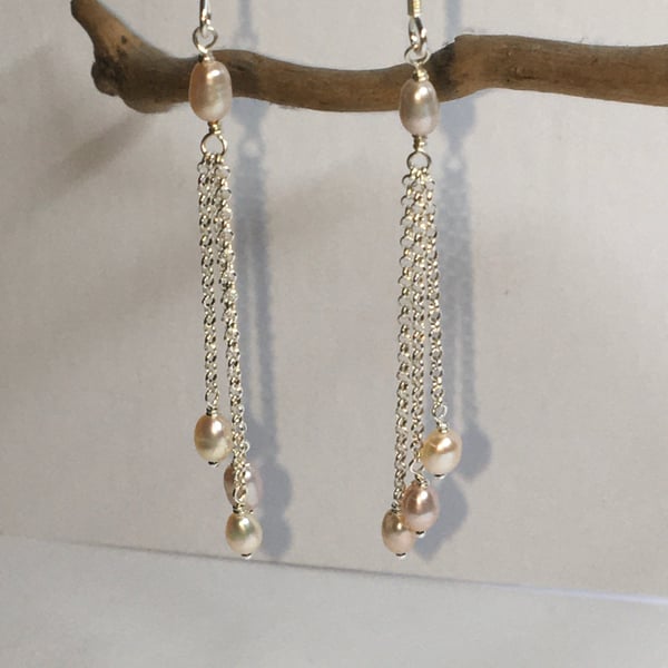 Rice pearl and sterling silver chain earrings