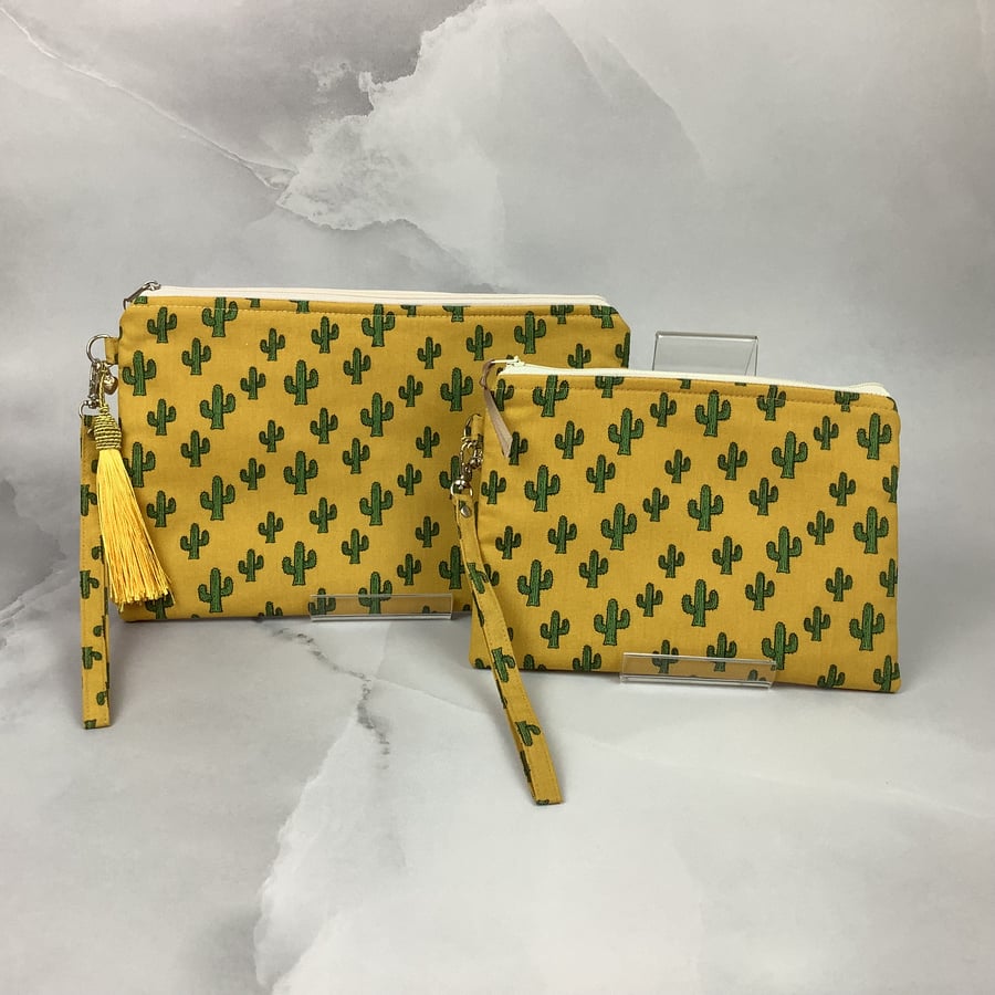 Handmade cactus zip clutch with wrist strap silky tassel & charm 2 size options