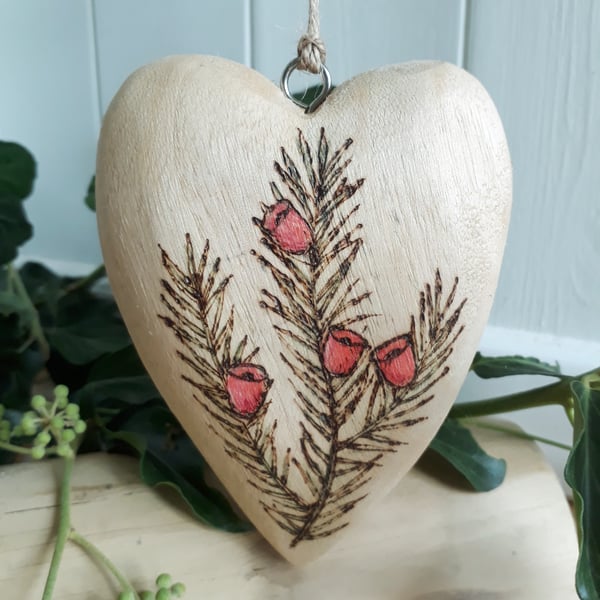 Pyrography wooden yew heart decoration