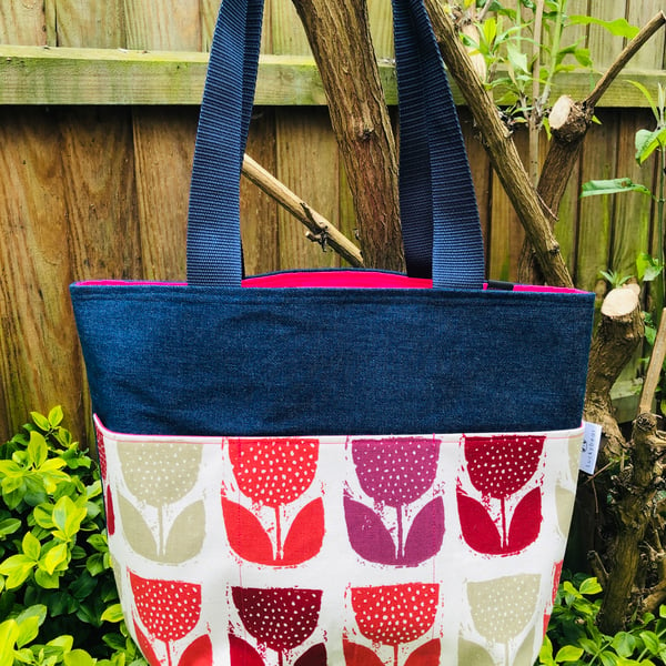 Denim tote with Scandi style floral panel; tote bag in Scandi style print