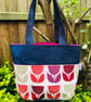 Denim tote with Scandi style floral panel; tote bag in Scandi style print