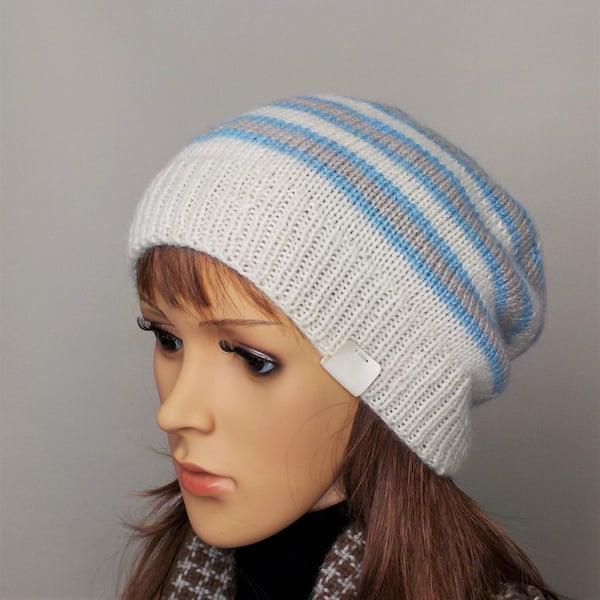 Knitted beanie hat blue and cream stripes British Wensleydale wool