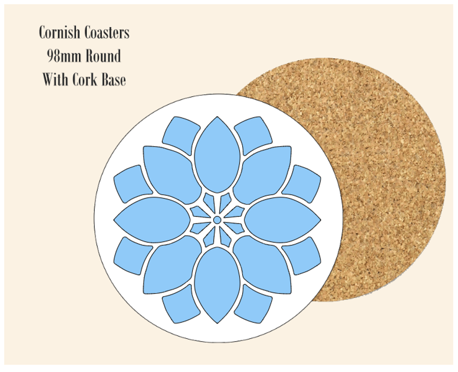 Blue Abstract Flower  Coaster 9.8cm Round With Cork Base.- Design 3