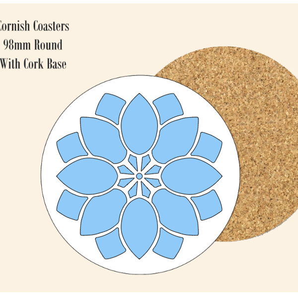 Blue Abstract Flower  Coaster 9.8cm Round With Cork Base.- Design 3