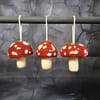 3 Dark Red Hanging Toadstools. Needle Felted with Wool Fibres.. FREE SHIPPING.