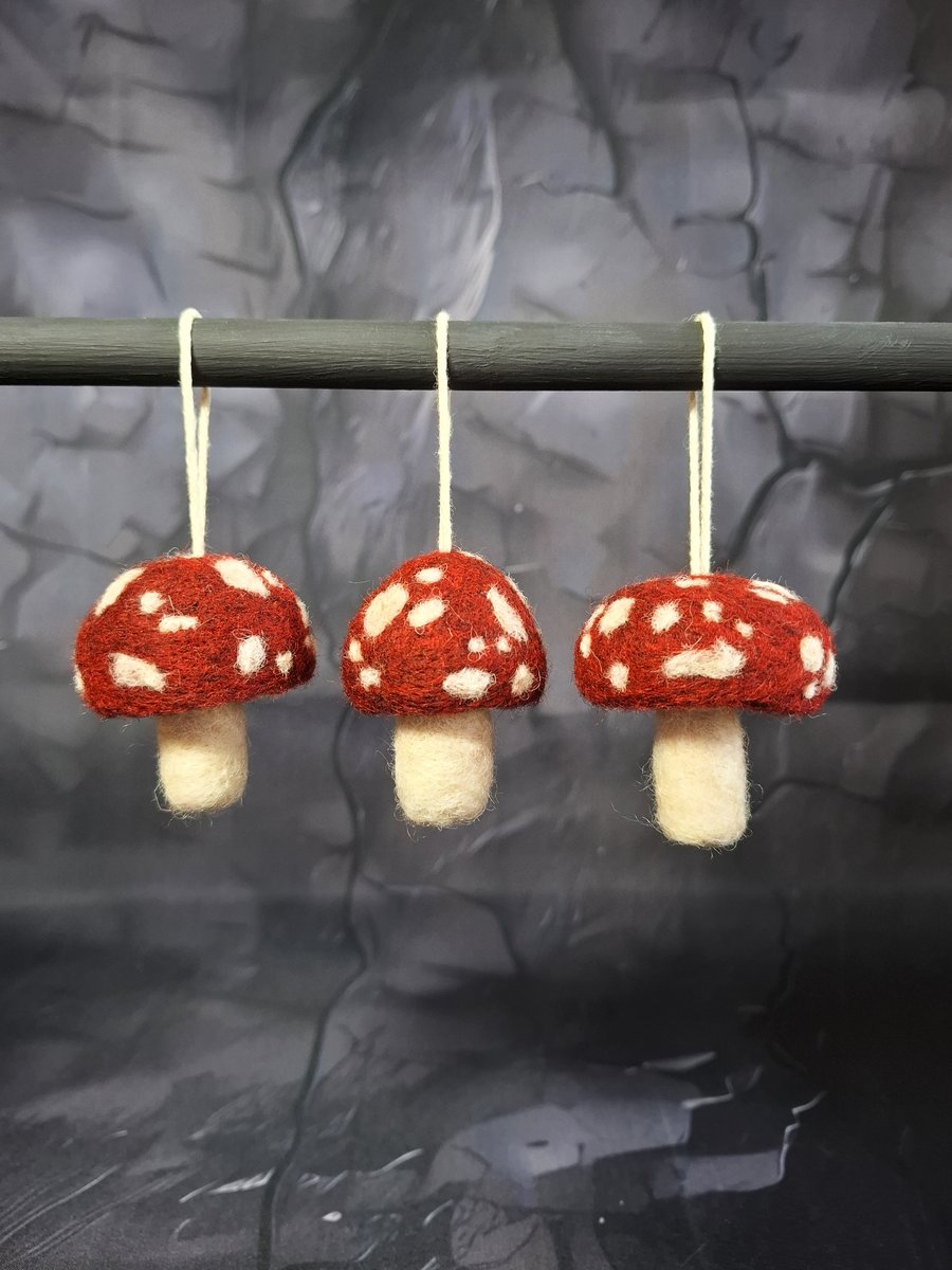 3 Dark Red Hanging Toadstools. Needle Felted with Wool Fibres.. FREE SHIPPING.