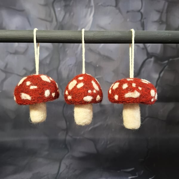 3 Dark Red Hanging Toadstools. Needle Felted with Wool Fibres.. FREE SHIPPING.