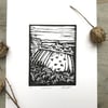 Field view: Hand printed lino cut print by Suffolk artist Beth Knight.