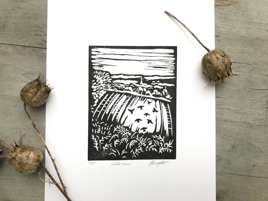 Field view: Hand printed lino cut print by Suffolk artist Beth Knight.