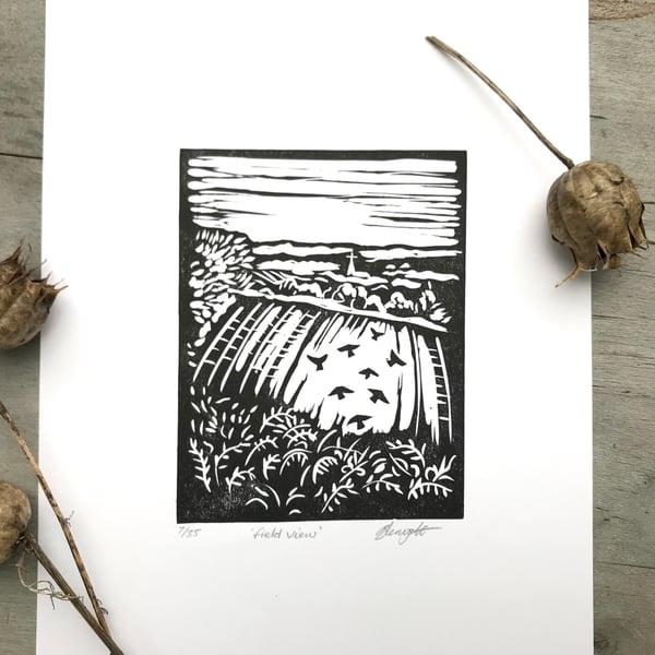 Field view: Hand printed lino cut print by Suffolk artist Beth Knight.