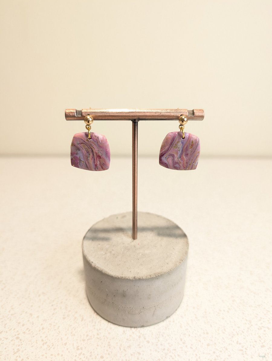 Pink marble small square dangle polymer clay earrings