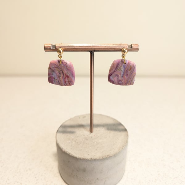 Pink marble small square dangle polymer clay earrings