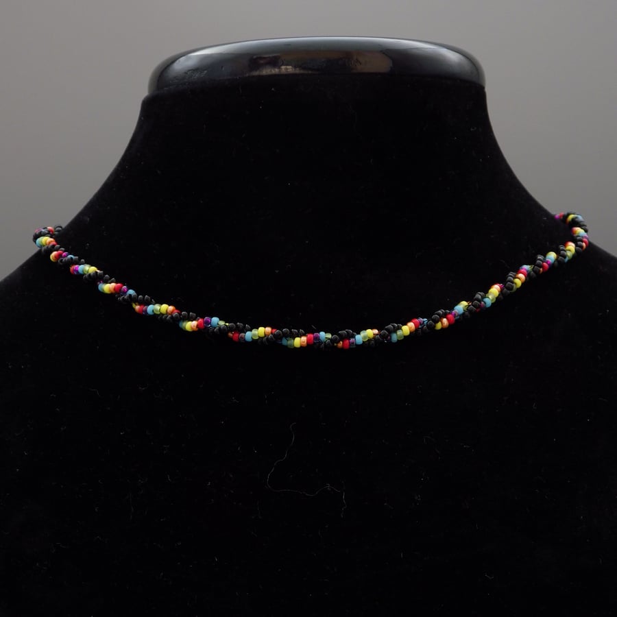 Simple rainbow and black twisted herringbone beadwoven necklace 