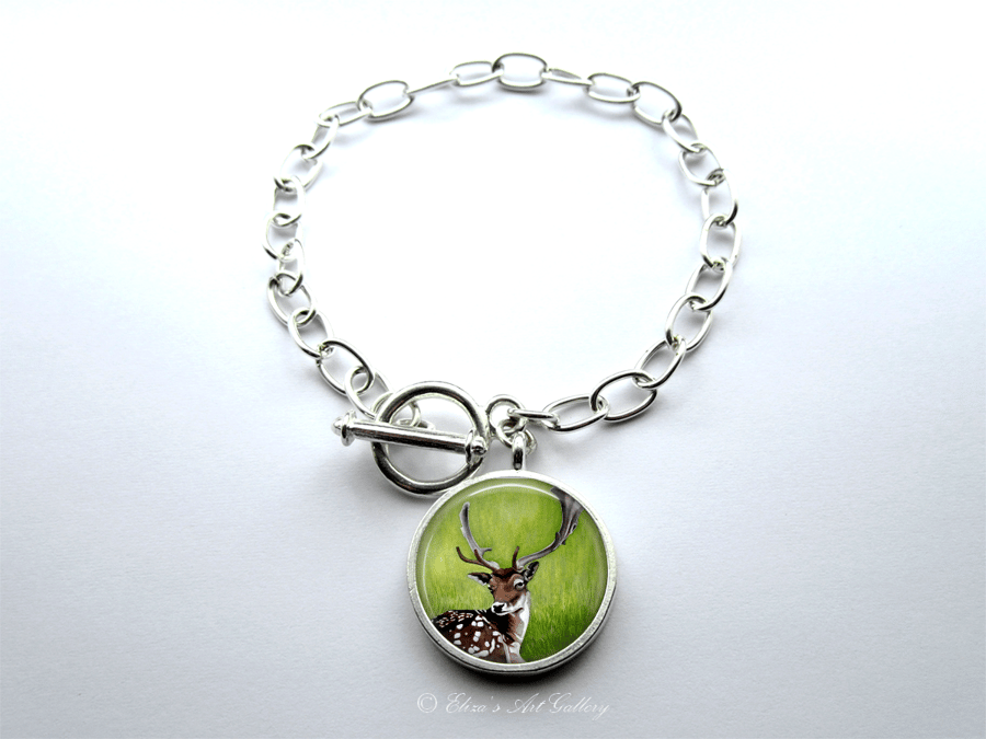 Silver Plated Fallow Deer Art Large Link Charm Bracelet With Toggle