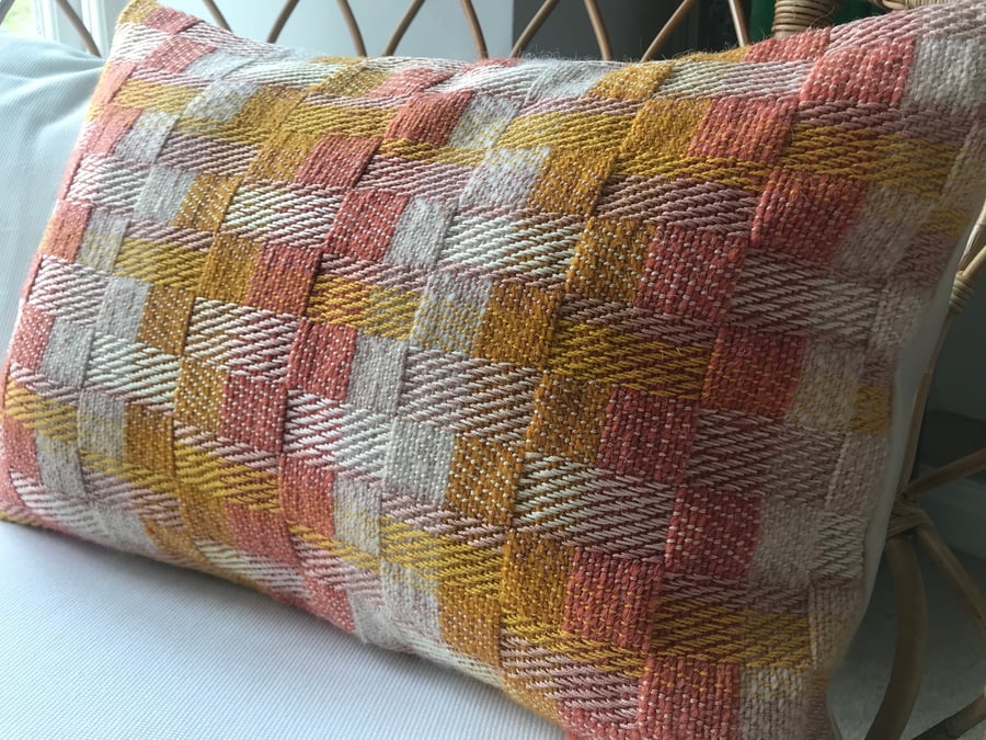 "Helmsley No.1" Coral-Nectarl-Whisper. Contemporary handwoven oblong cushion